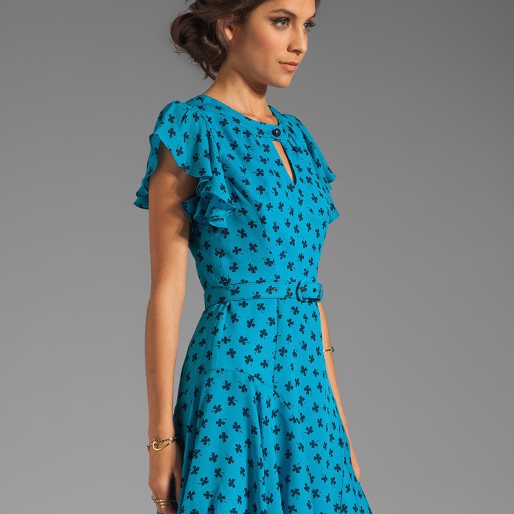 Milly Dress Teal with Clover Print Size 0 Silk